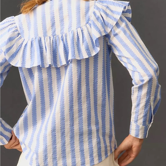 Clare V Charlotte Ruffled Striped Blue/White Blouse Size XS - Picture 2 of 10